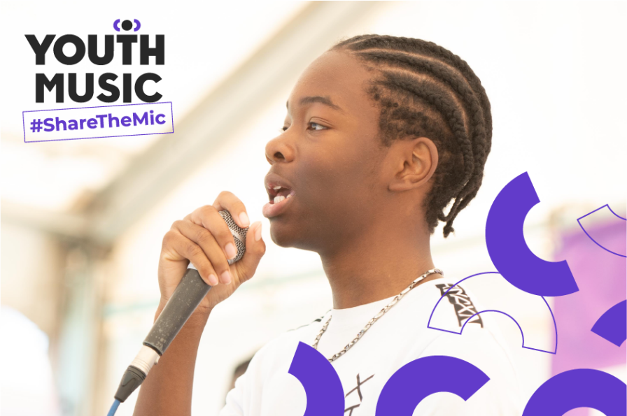 Young musician singing into a microphone. There are purple semi-circles layered over the image, plus a Youth Music logo and #ShareTheMic