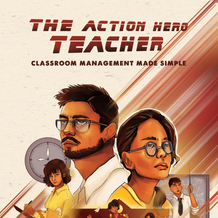 Comic strip style book cover of Karl's book 'The Action Hero Teacher'