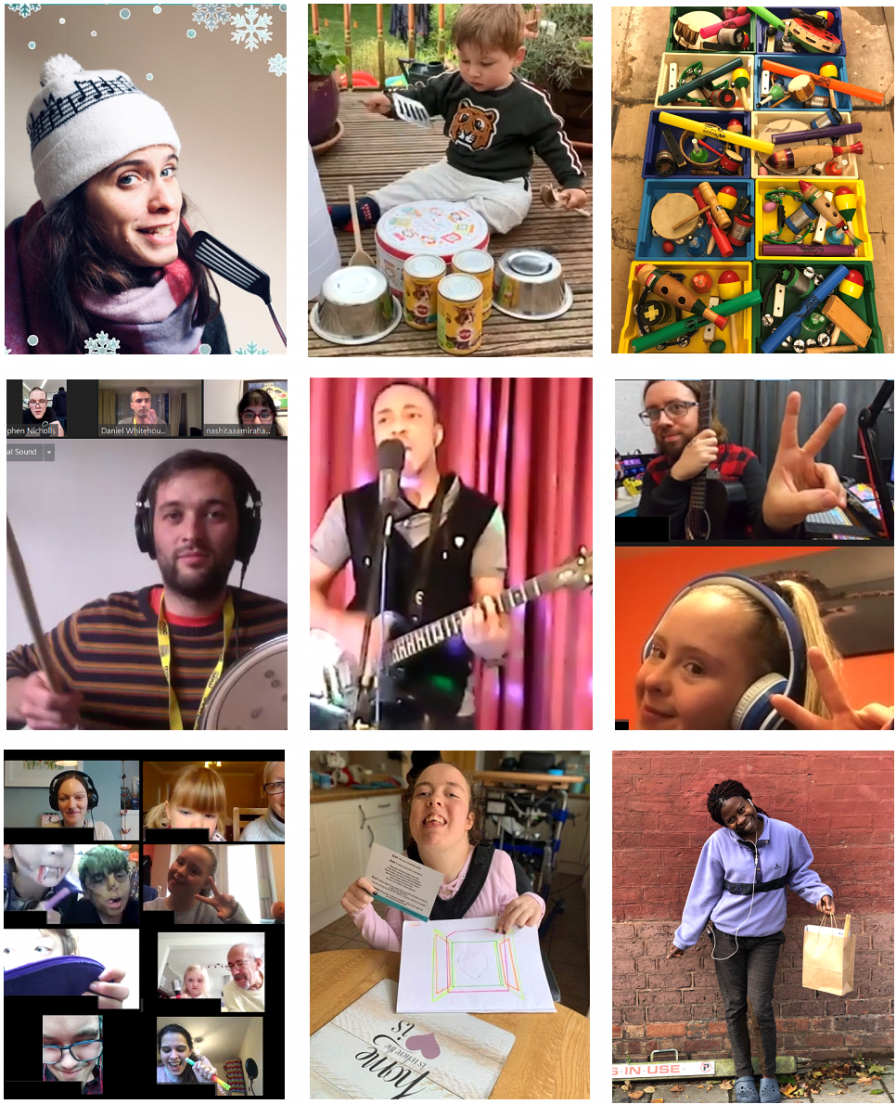 Grid of 6 images. Top left: music leader with hat and scarf singing into utensil, top middle: toddler playing kitchen objects, top right: 10 trays of instruments, middle left: musician beating drum on zoom, middle centre: young musician singing and playing guitar, middle right: two musicians doing peace signs on zoom, bottom left: zoom gallery of musicians, bottom middle: young musician holding artwork, bottom right: woman holding activity pack