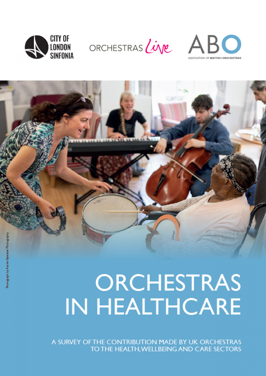 Three musicians working in a care setting alongside a resident, who is playing a drum.