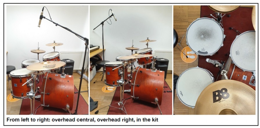 Drum kit set up with mics for recording