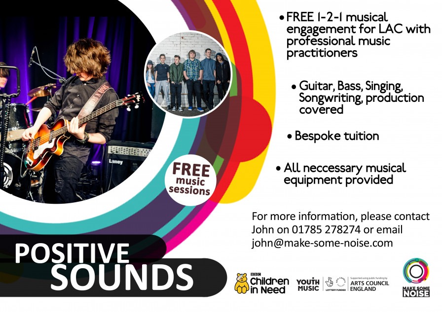 Positive Sounds Flyer. 1-2-1 Engagement, bespoke tuition, equipment provided